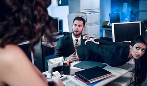 Pair of astonishing brunettes fuck three lucky in the office