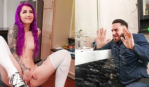 Purple-haired legal age teenager with natural tits seduced self-important handyman