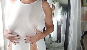 I love my mature queasy pussy, hips, breasts, & ass watched as A I ruffle & wiggle in my transparent black-hearted gown