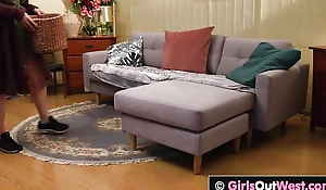 Busty redhead and blonde have a go lesbian sex on the sofa